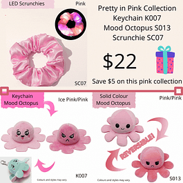Pink Collection of LED scrunchie, keyring mood octopus and full size mood octopus.