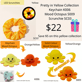 Yellow Collection of LED scrunchie, keyring mood octopus and full size mood octopus.